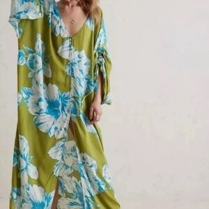 Anthropologie Floral Green and Blue Maxi kimono Dress (M/L)